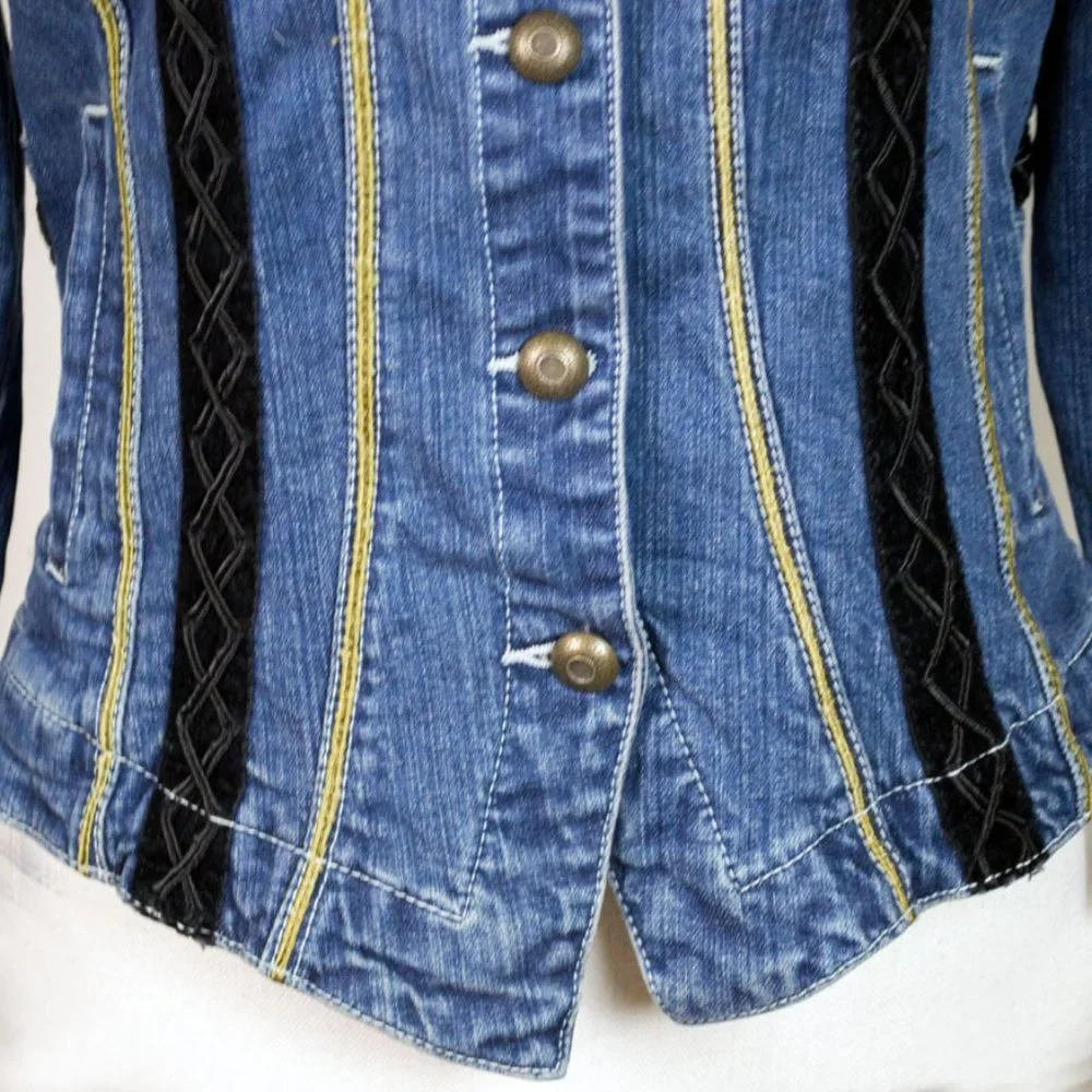 LIVE A LITTLE Blue Embroidery Embellished Long Sleeve Jean Jacket M - Picture 6 of 13